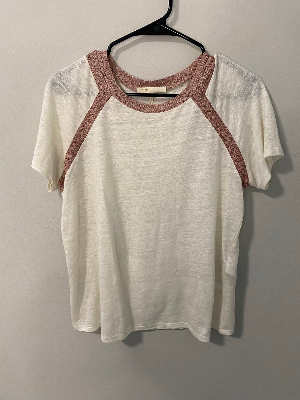 Maje Linen Blend Metallic Trim Raglan Tee White Pink Size 3 (Large)